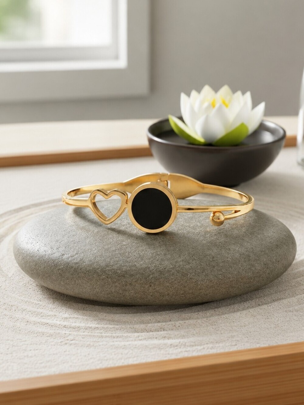 18k Gold Plated SS Open Heart and Black Enamel Charm Bangle Bracelet Gold 2.3"